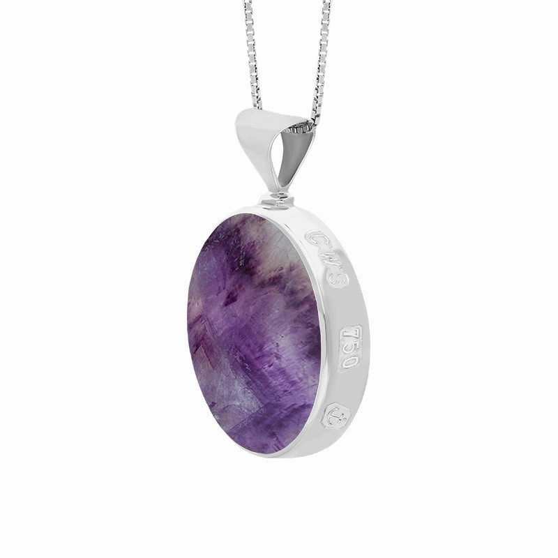 18ct White Gold Blue John Mother of Pearl King's Coronation Hallmark Double Sided Round Necklace D