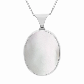 18ct White Gold Blue John Mother of Pearl Queens Jubilee Hallmark Double Sided Oval Necklace D