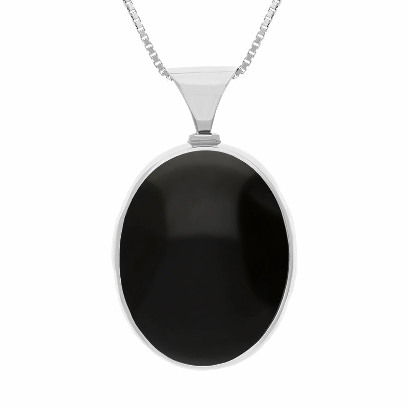 18ct White Gold Blue John Whitby Jet Queens Jubilee Hallmark Double Sided Oval Necklace D