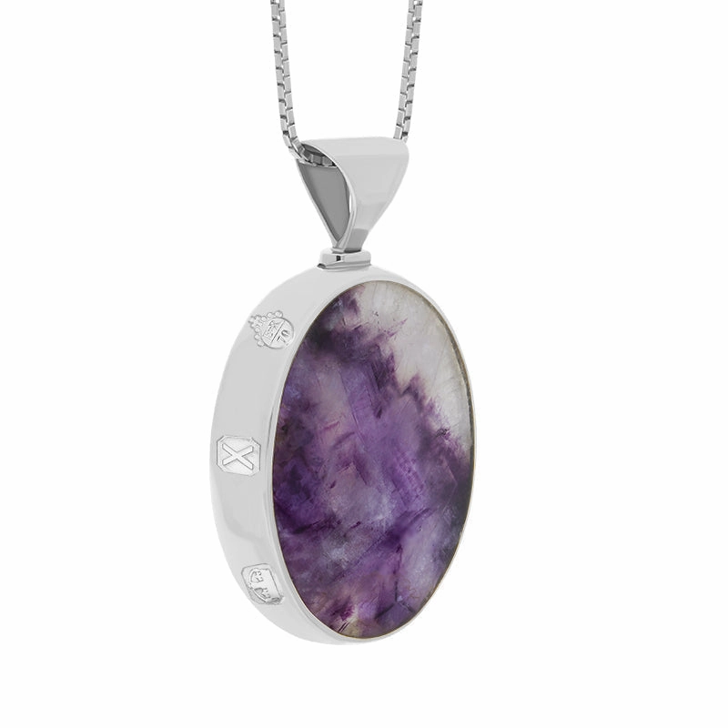 18ct White Gold Blue John Whitby Jet Queens Jubilee Hallmark Double Sided Oval Necklace D