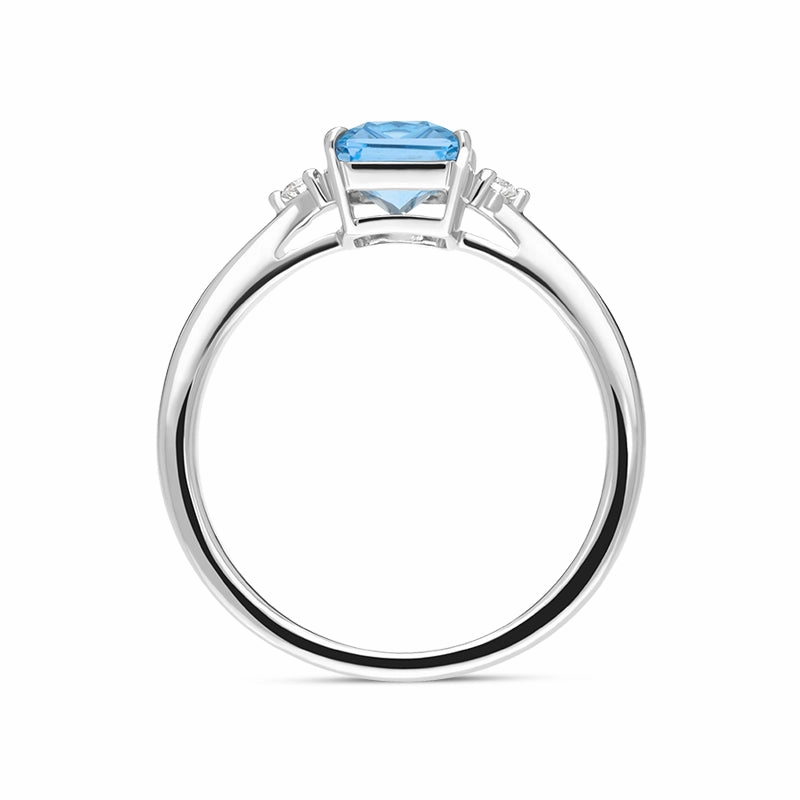 18ct White Gold Blue Topaz Diamond Emerald Cut Three Stone Ring
