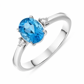 18ct White Gold Blue Topaz Diamond Oval Cut Three Stone Ring