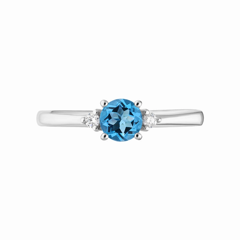18ct White Gold Blue Topaz Diamond Round Cut Three Stone Ring