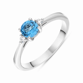 18ct White Gold Blue Topaz Diamond Round Cut Three Stone Ring