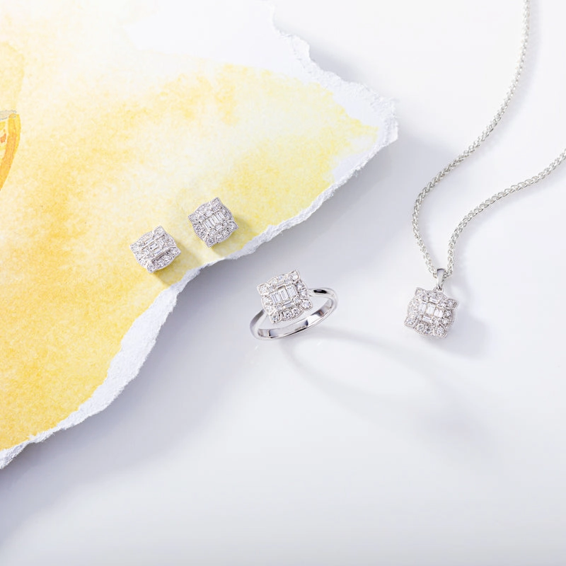 18ct White Gold Diamond Baguette Cut Cluster Pendant