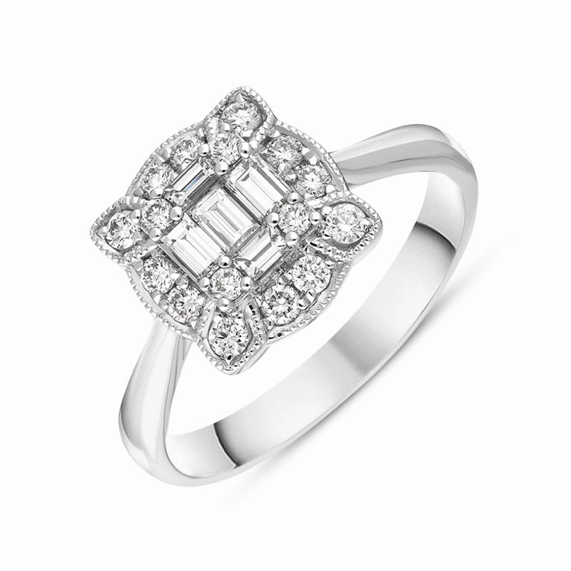 18ct White Gold Diamond Baguette Round Brilliant Cut Cluster Ring