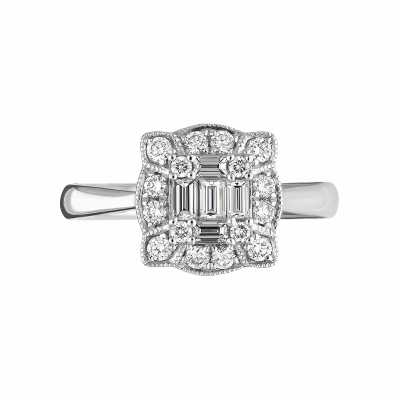 18ct White Gold Diamond Baguette Round Brilliant Cut Cluster Ring