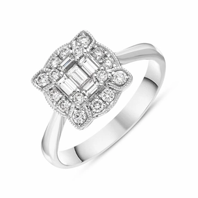 18ct White Gold Diamond Baguette Round Brilliant Cut Cluster Ring