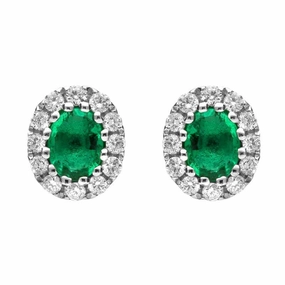 18ct White Gold Emerald and Diamond Oval Stud Earrings