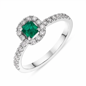 18ct White Gold Emerald Diamond Cushion Cut Cluster Shoulder Set Ring