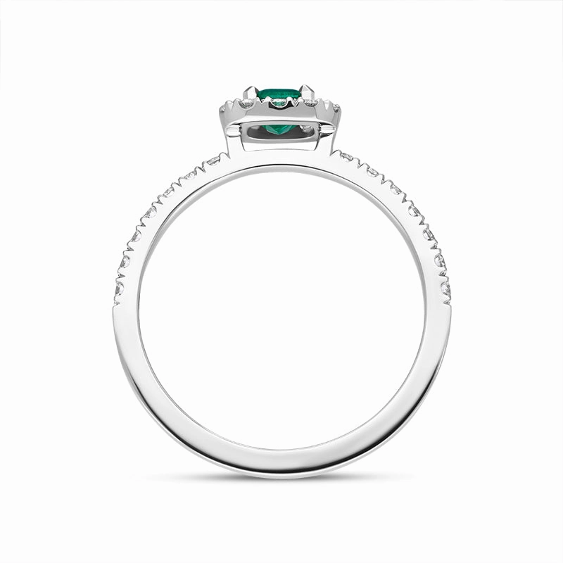 18ct White Gold Emerald Diamond Cushion Cut Cluster Shoulder Set Ring