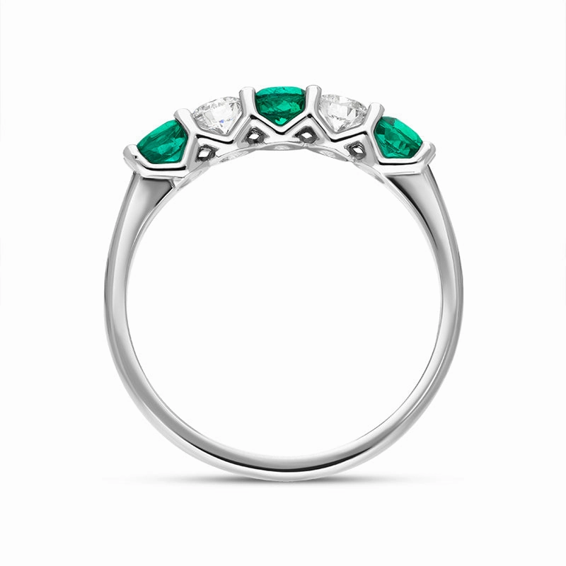 18ct White Gold Emerald Diamond Five Stone Half Eternity Ring