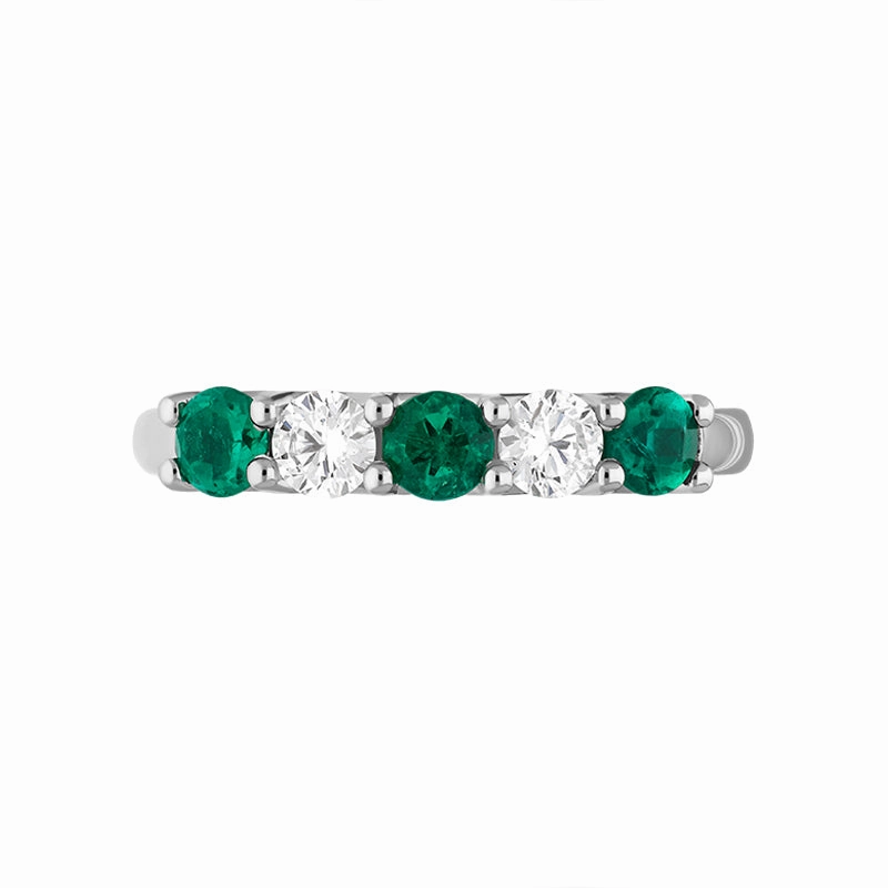 18ct White Gold Emerald Diamond Five Stone Half Eternity Ring