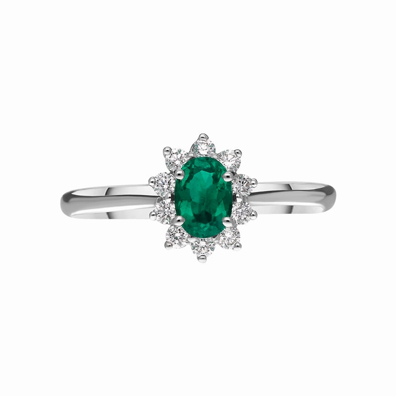 18ct White Gold Emerald Diamond Oval Cluster Ring