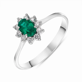 18ct White Gold Emerald Diamond Oval Cluster Ring