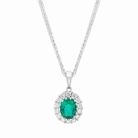 18ct White Gold Emerald Diamond Pave Oval Pendant
