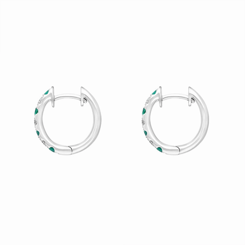 18ct White Gold Emerald Diamond Seven Stone Hoop Earrings