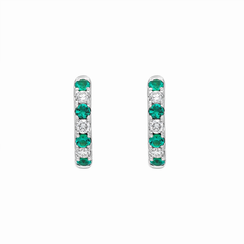18ct White Gold Emerald Diamond Seven Stone Hoop Earrings
