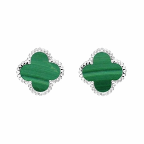 18ct White Gold Malachite Bloom Four Leaf Clover Ball Edge Stud Earrings
