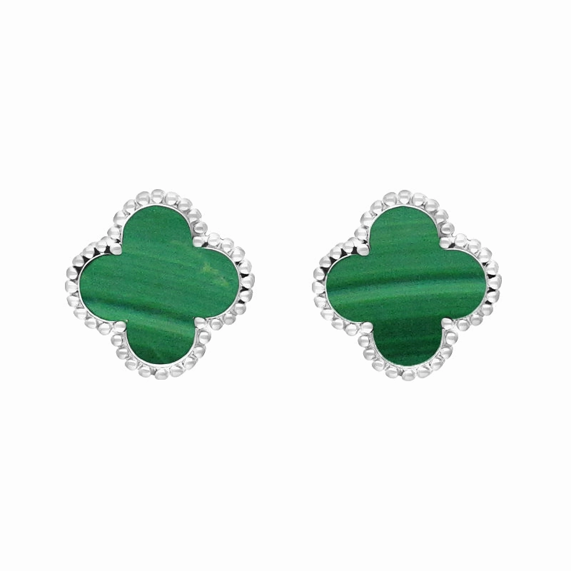 18ct White Gold Malachite Bloom Four Leaf Clover Ball Edge Stud Earrings