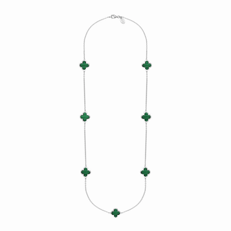 18ct White Gold Malachite Bloom Four Leaf Clover Long Necklace