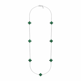 18ct White Gold Malachite Bloom Four Leaf Clover Long Necklace