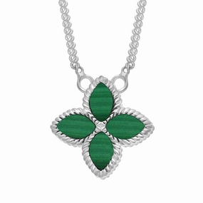 18ct White Gold Malachite Eden Small Marquise Flower Necklace
