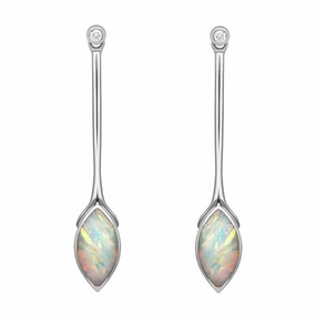 18ct White Gold Opal Diamond Long Marquise Drop Earrings D