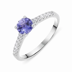 18ct White Gold Purple Sapphire Diamond Round Cut Ring