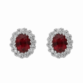 18ct White Gold Ruby 0.17ct Diamond Oval Cluster Stud Earrings