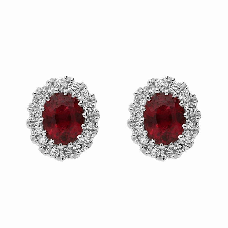 18ct White Gold Ruby 0.17ct Diamond Oval Cluster Stud Earrings