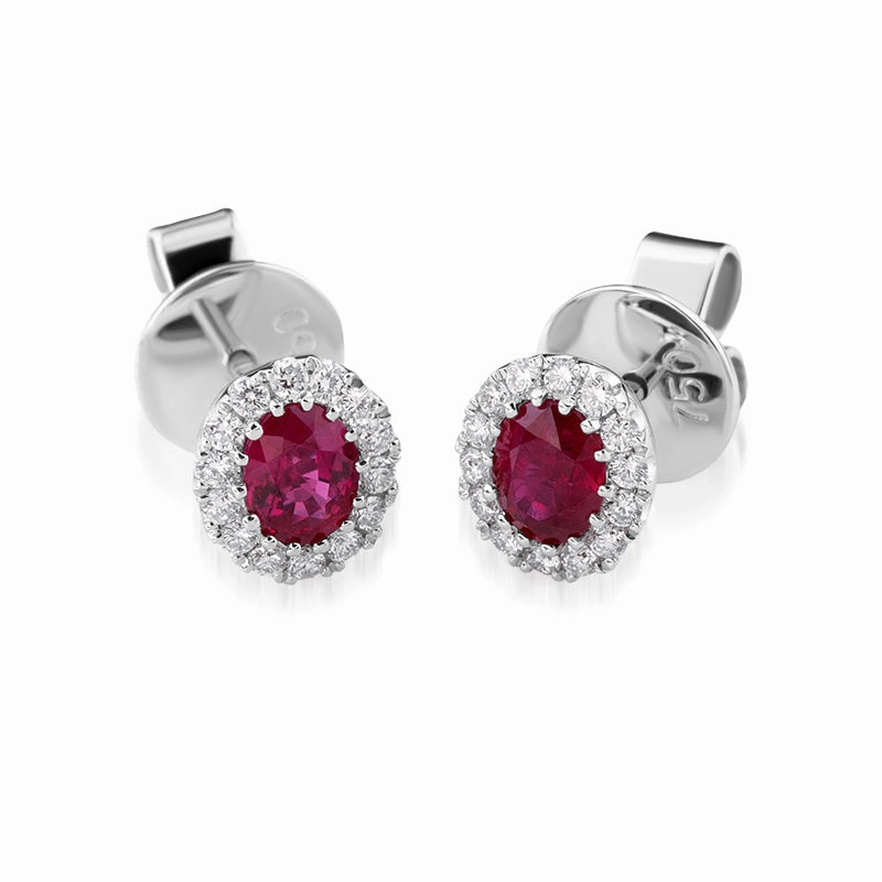 18ct White Gold Ruby Diamond Cluster Oval Stud Earrings