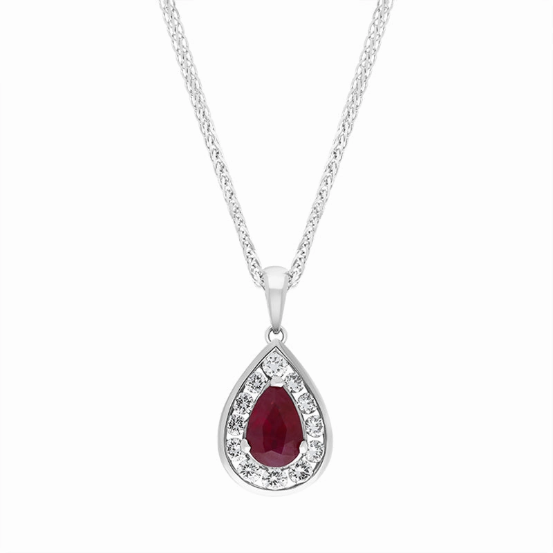 18ct White Gold Ruby Diamond Cluster Pear Pendant