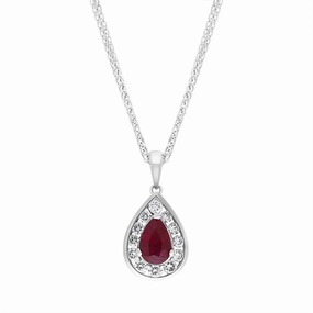 18ct White Gold Ruby Diamond Cluster Pear Pendant
