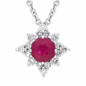 18ct White Gold Ruby Diamond Cluster Star Pendant Necklace