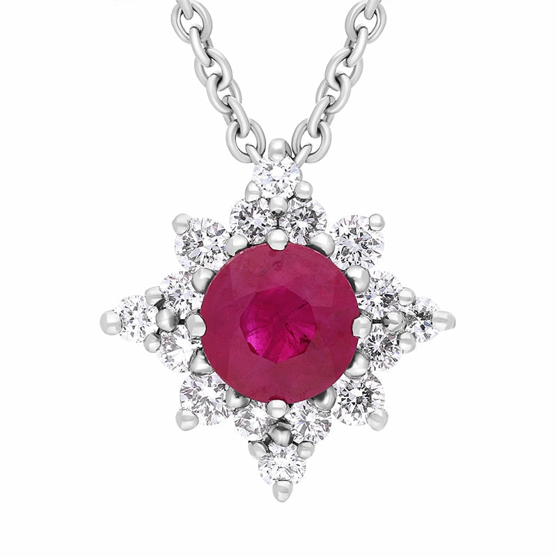 18ct White Gold Ruby Diamond Cluster Star Pendant Necklace