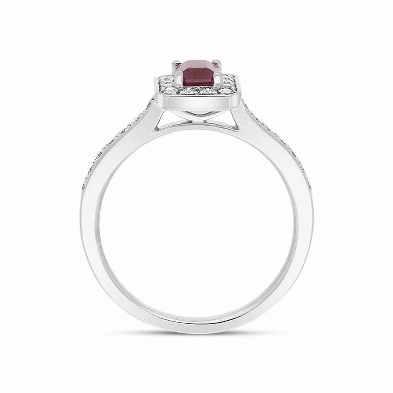 18ct White Gold Ruby Diamond Emerald Cut Shoulder Set Cluster Ring
