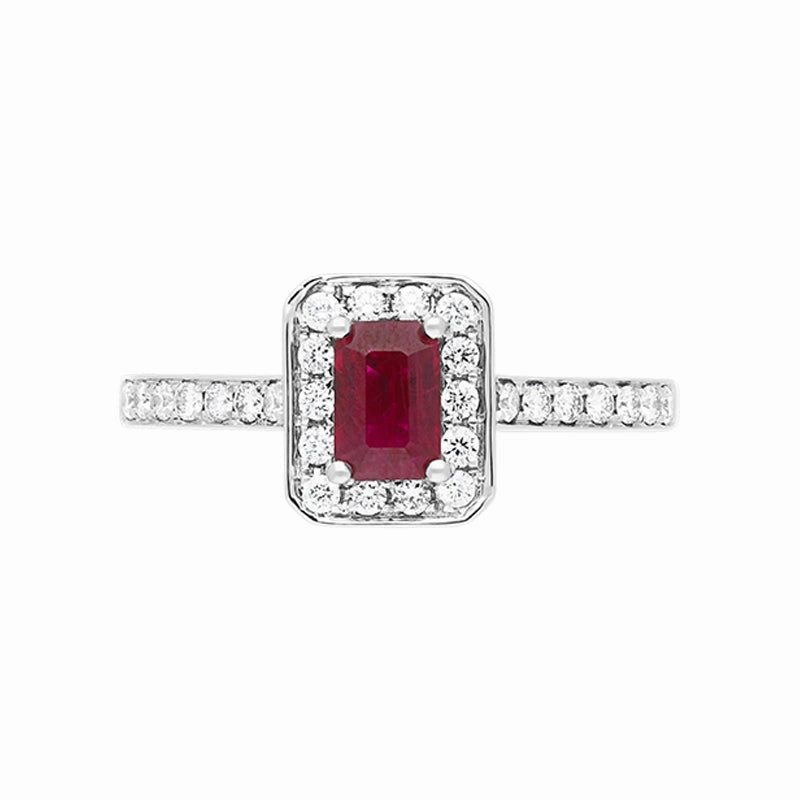 18ct White Gold Ruby Diamond Emerald Cut Shoulder Set Cluster Ring