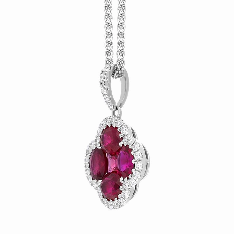 18ct White Gold Ruby Diamond Flower Cluster Necklace