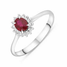 18ct White Gold Ruby Diamond Oval Cluster Ring