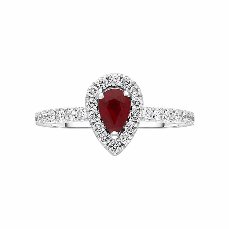 18ct White Gold Ruby Diamond Pear Cluster Shoulder Set Ring