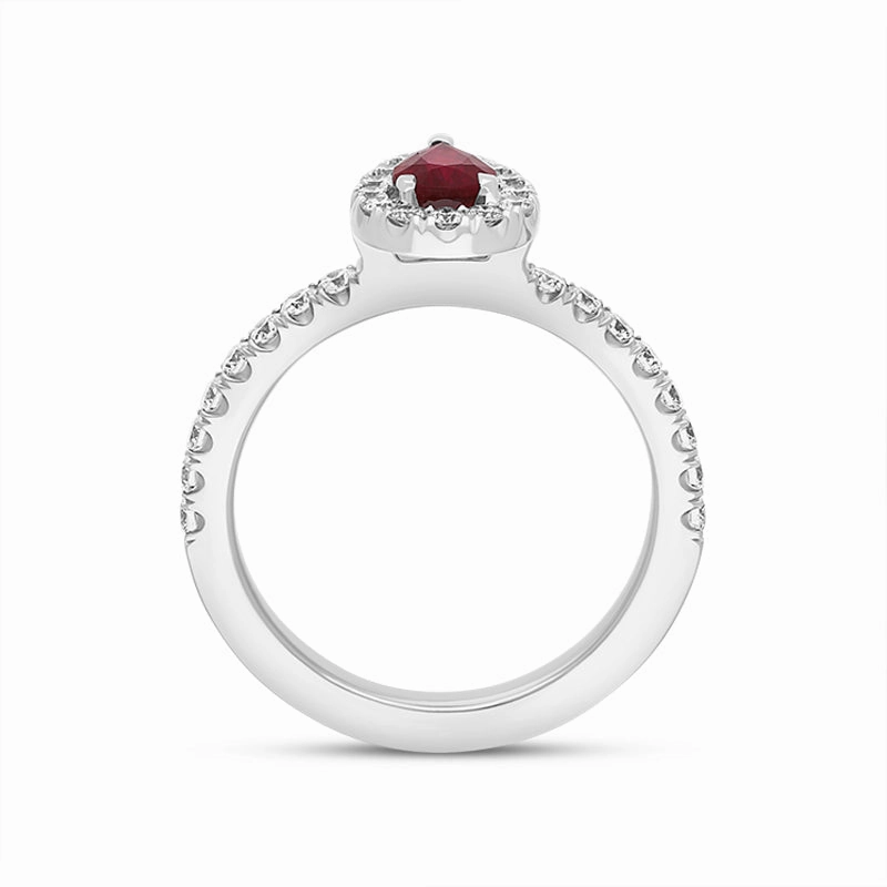 18ct White Gold Ruby Diamond Pear Cluster Shoulder Set Ring