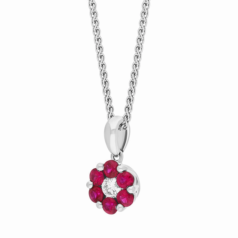 18ct White Gold Ruby Diamond Round Cluster Pendant