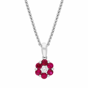 18ct White Gold Ruby Diamond Round Cluster Pendant