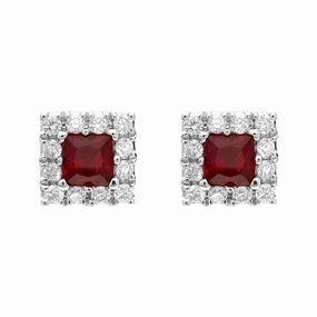 18ct White Gold Ruby Diamond Square Cluster Stud Earrings