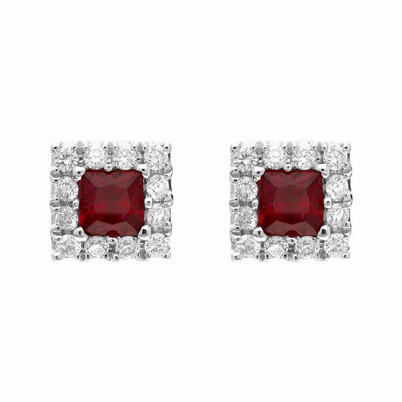 18ct White Gold Ruby Diamond Square Cluster Stud Earrings