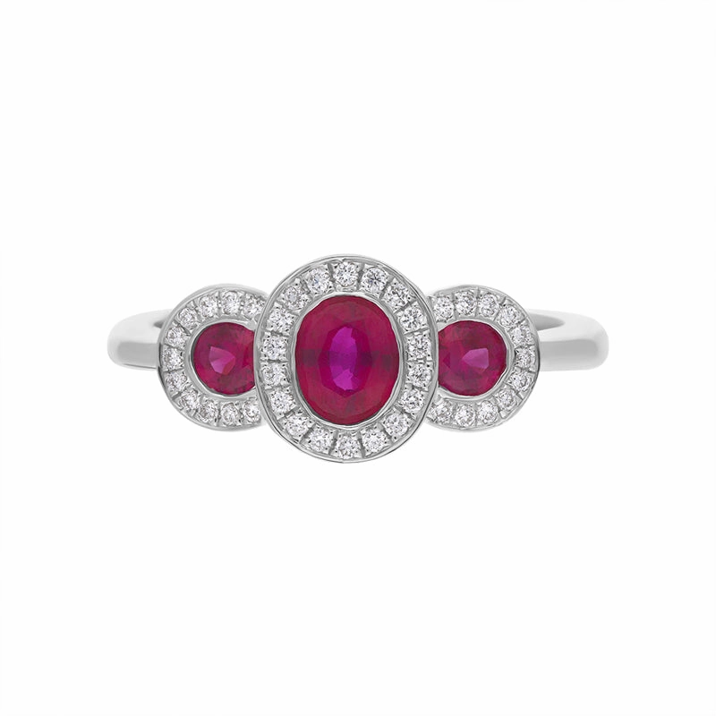 18ct White Gold Ruby Diamond Triple Pave Cluster Ring