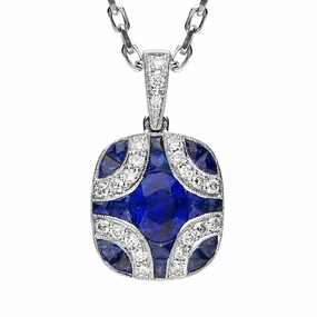 18ct White Gold Sapphire and Diamond Cluster Art Deco Necklace