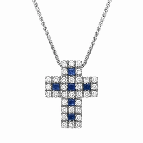 18ct White Gold Sapphire and Diamond Cross Necklace