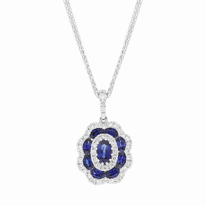18ct White Gold Sapphire Diamond Cluster Oval Pendant